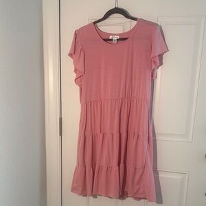 just be—Pink Tiered Flutter Sleeve Casual Dress